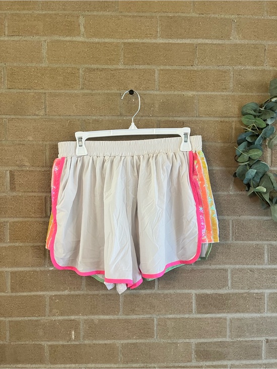 QUEEN OF SPARKLES Pants - QUEEN OF SPARKLES Cream Athletic Shorts with Neon Pink Trim